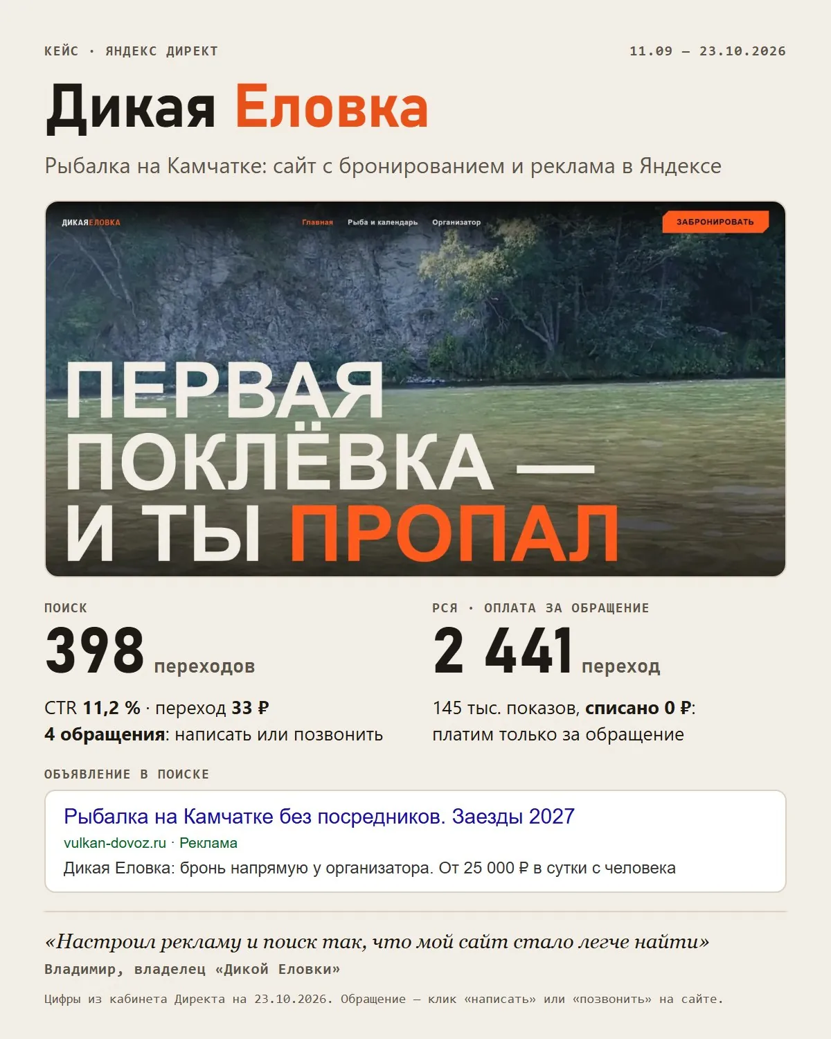 Карточка кейса: первый экран сайта «Дикая Еловка», цифры поиска и РСЯ, объявление и цитата владельца