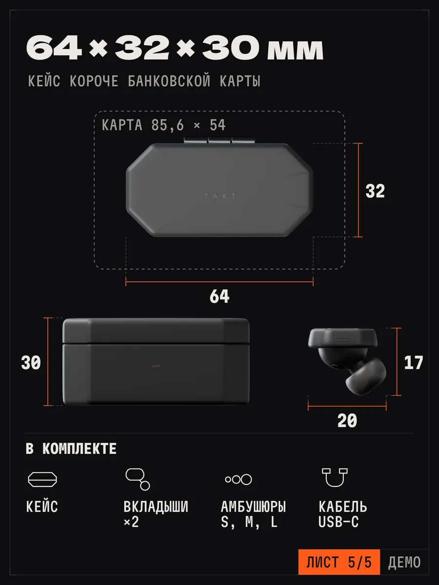 Слайд 5: кейс 64 × 32 × 30 мм рядом с банковской картой и комплект