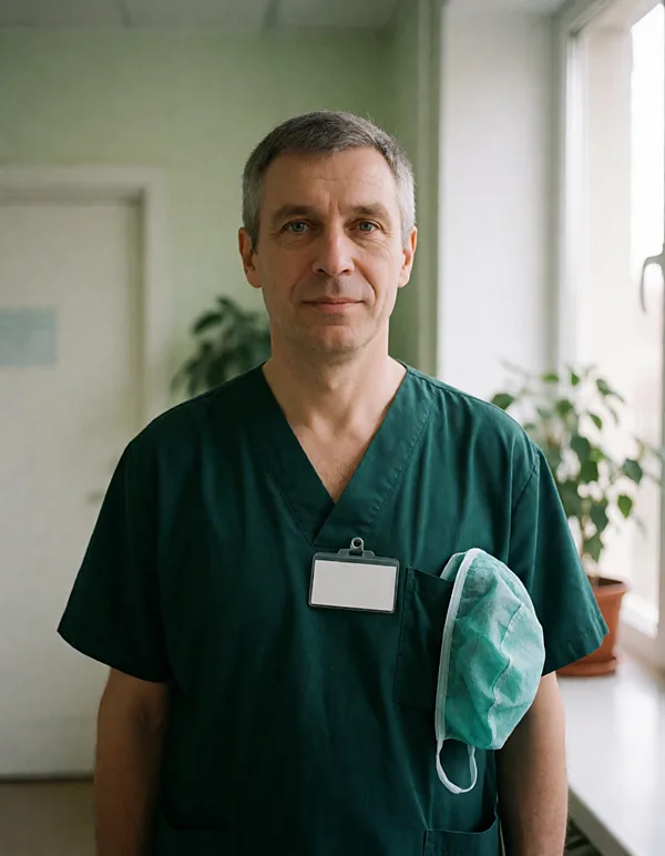 Андрей Ветров, хирург-имплантолог, в тёмно-зелёной форме у окна