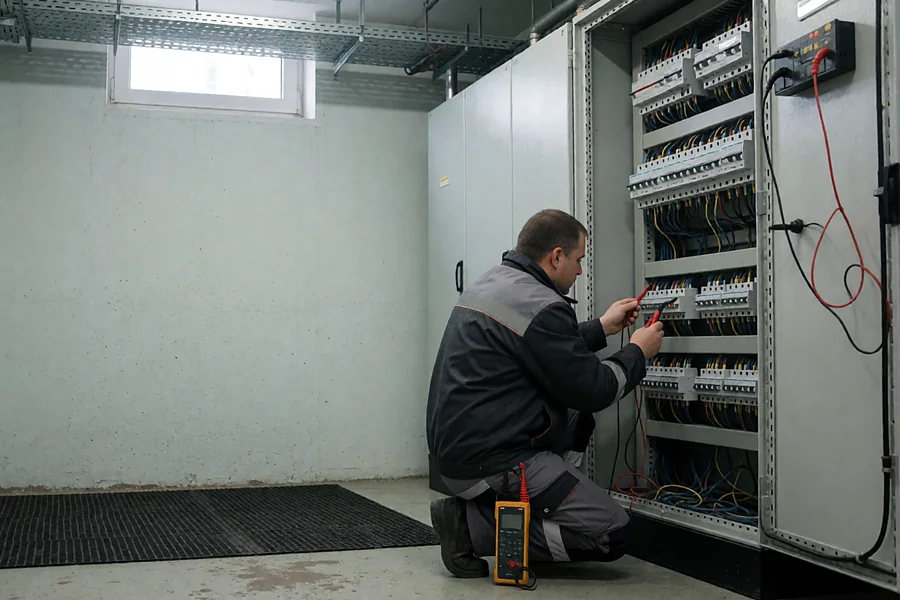 Инженер лаборатории проверяет мегаомметром автоматы в распределительном щите